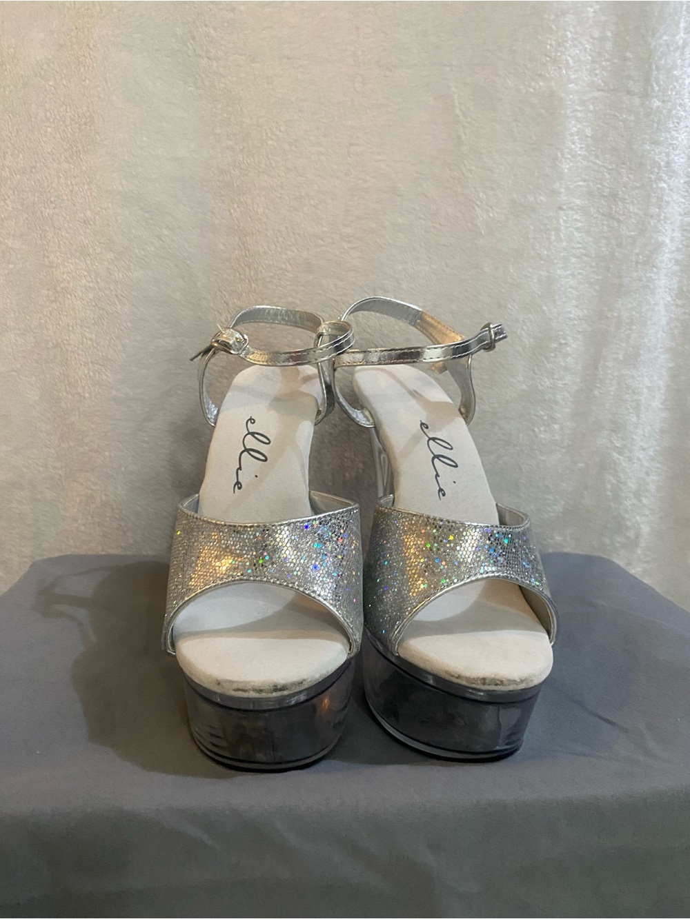 Ellie Holographic Silver Platform Sandals with Ankle Strap